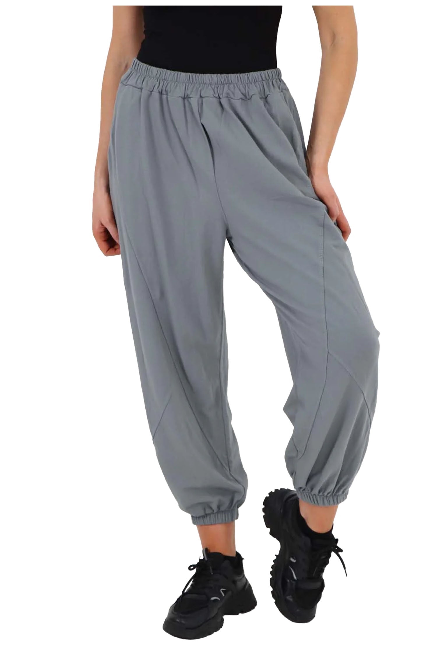 Italian Ruched Hem Cotton Trousers With Side Pockets - Dark Grey