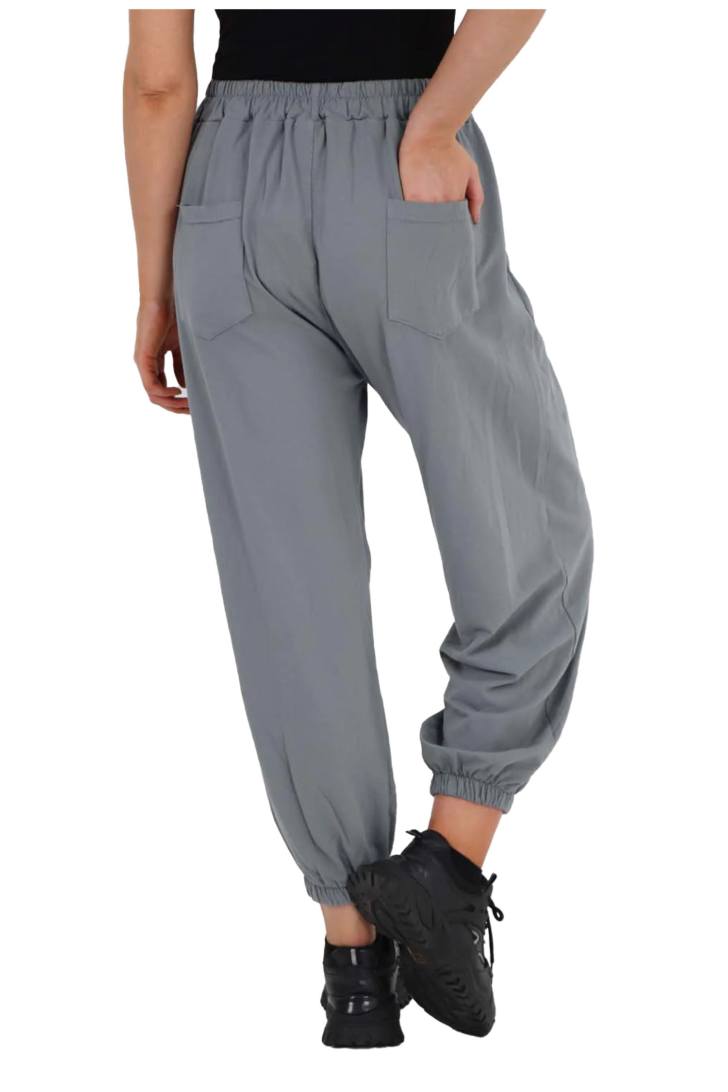 Italian Ruched Hem Cotton Trousers With Side Pockets - Dark Grey