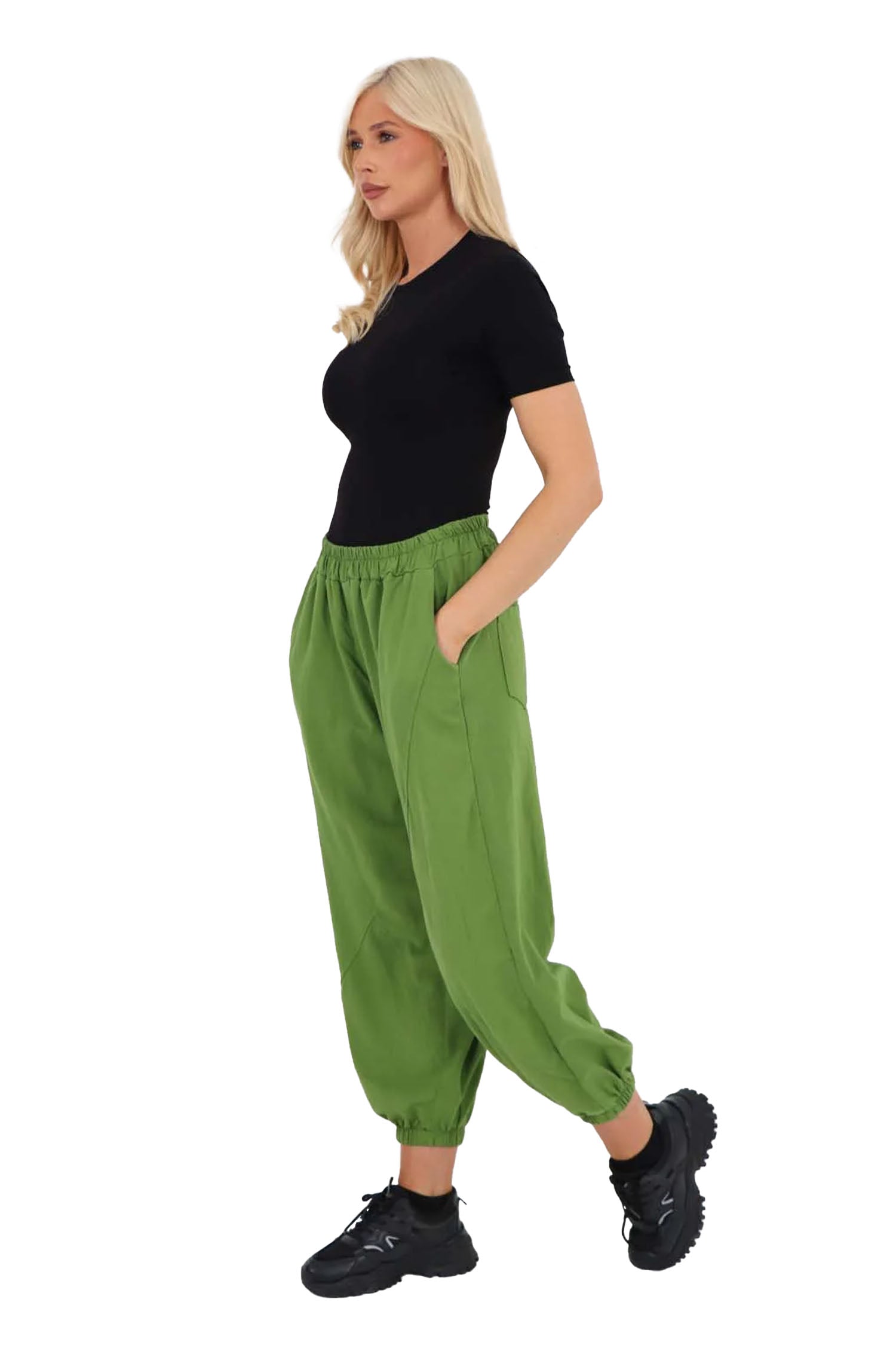 Italian Ruched Hem Cotton Trousers With Side Pockets - Green