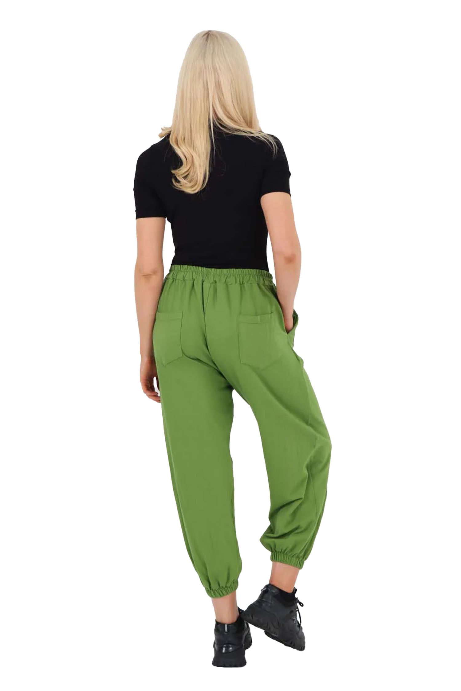 Italian Ruched Hem Cotton Trousers With Side Pockets - Green