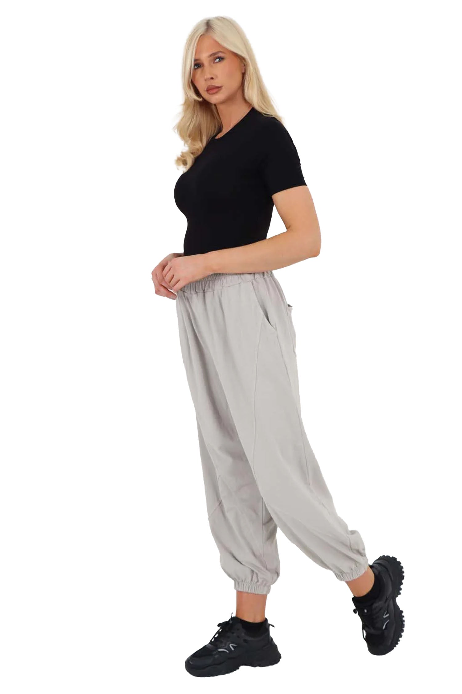 Italian Ruched Hem Cotton Trousers With Side Pockets - Grey