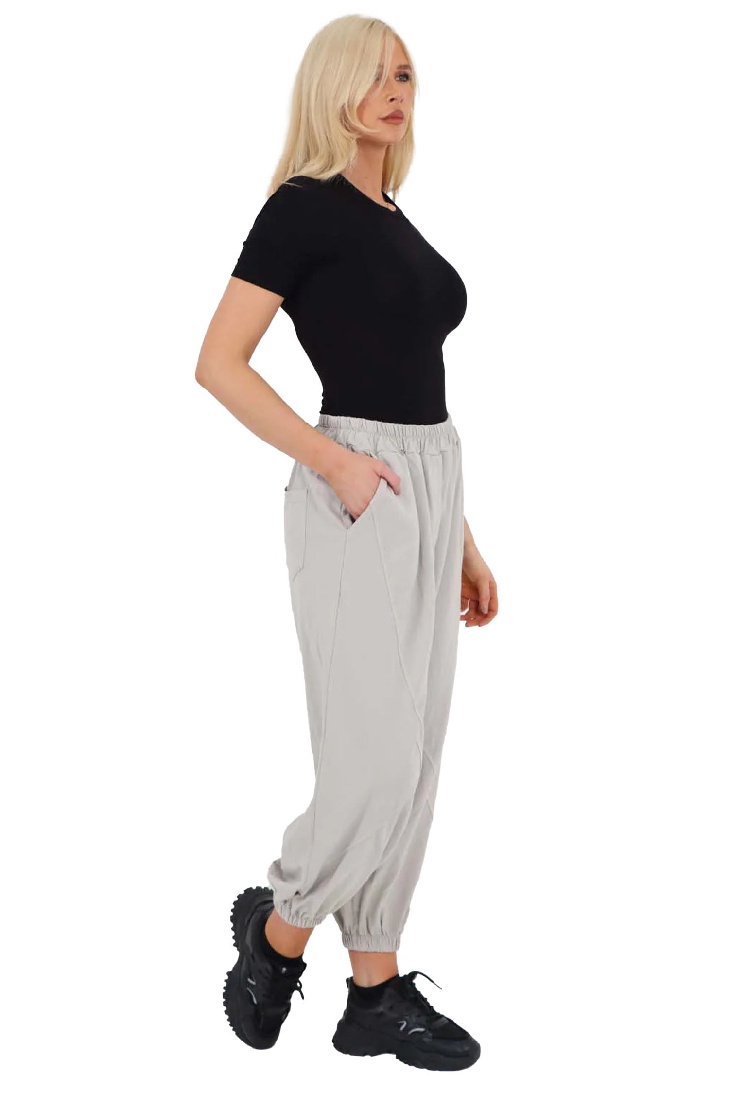 Italian Ruched Hem Cotton Trousers With Side Pockets - Grey