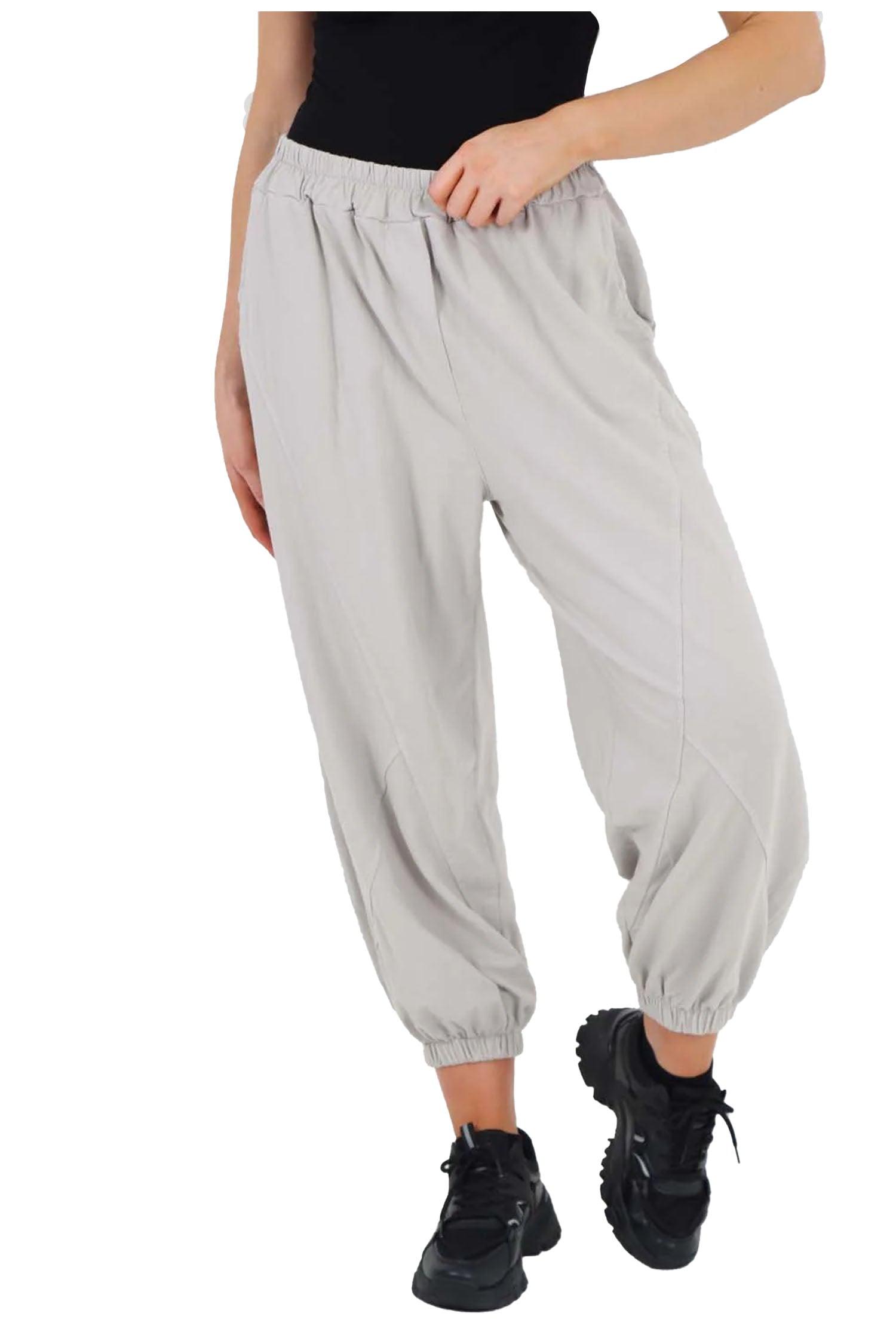 Italian Ruched Hem Cotton Trousers With Side Pockets - Grey