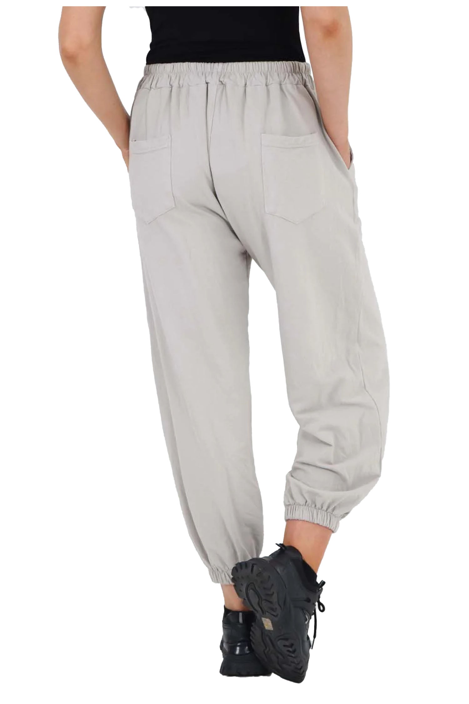 Italian Ruched Hem Cotton Trousers With Side Pockets - Grey