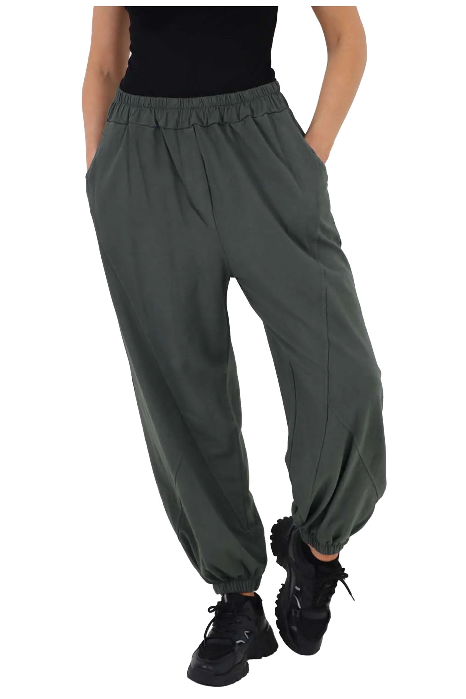 Italian Ruched Hem Cotton Trousers With Side Pockets - Khaki