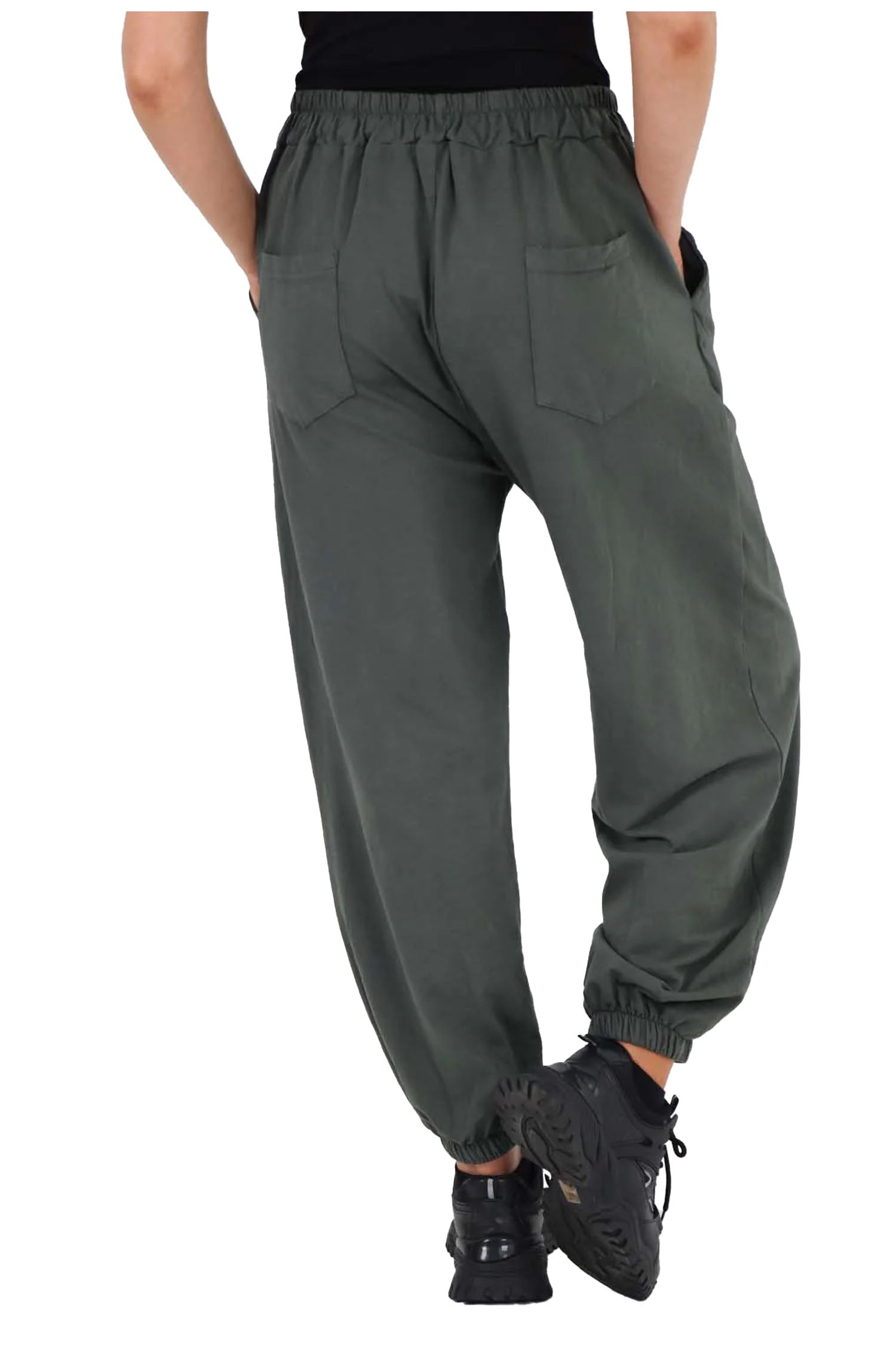 Italian Ruched Hem Cotton Trousers With Side Pockets - Khaki