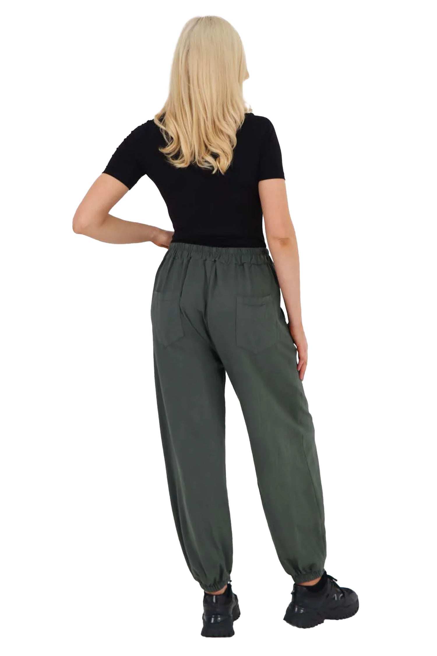 Italian Ruched Hem Cotton Trousers With Side Pockets - Khaki