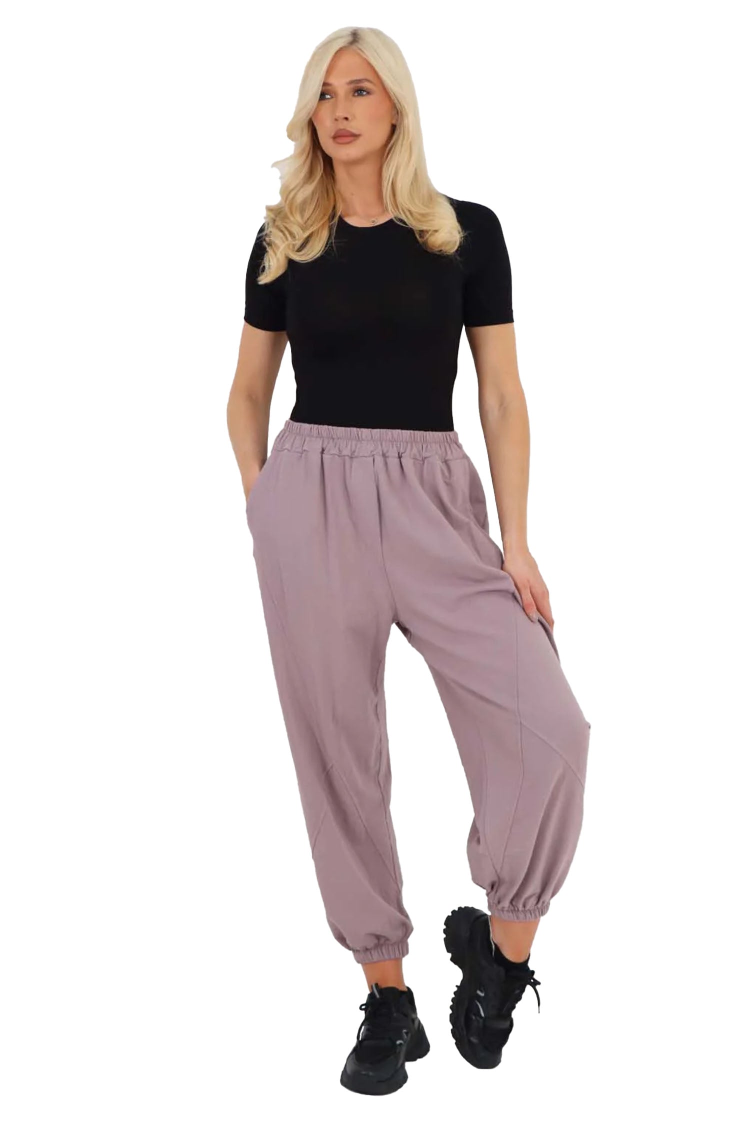 Italian Ruched Hem Cotton Trousers With Side Pockets - Lilac