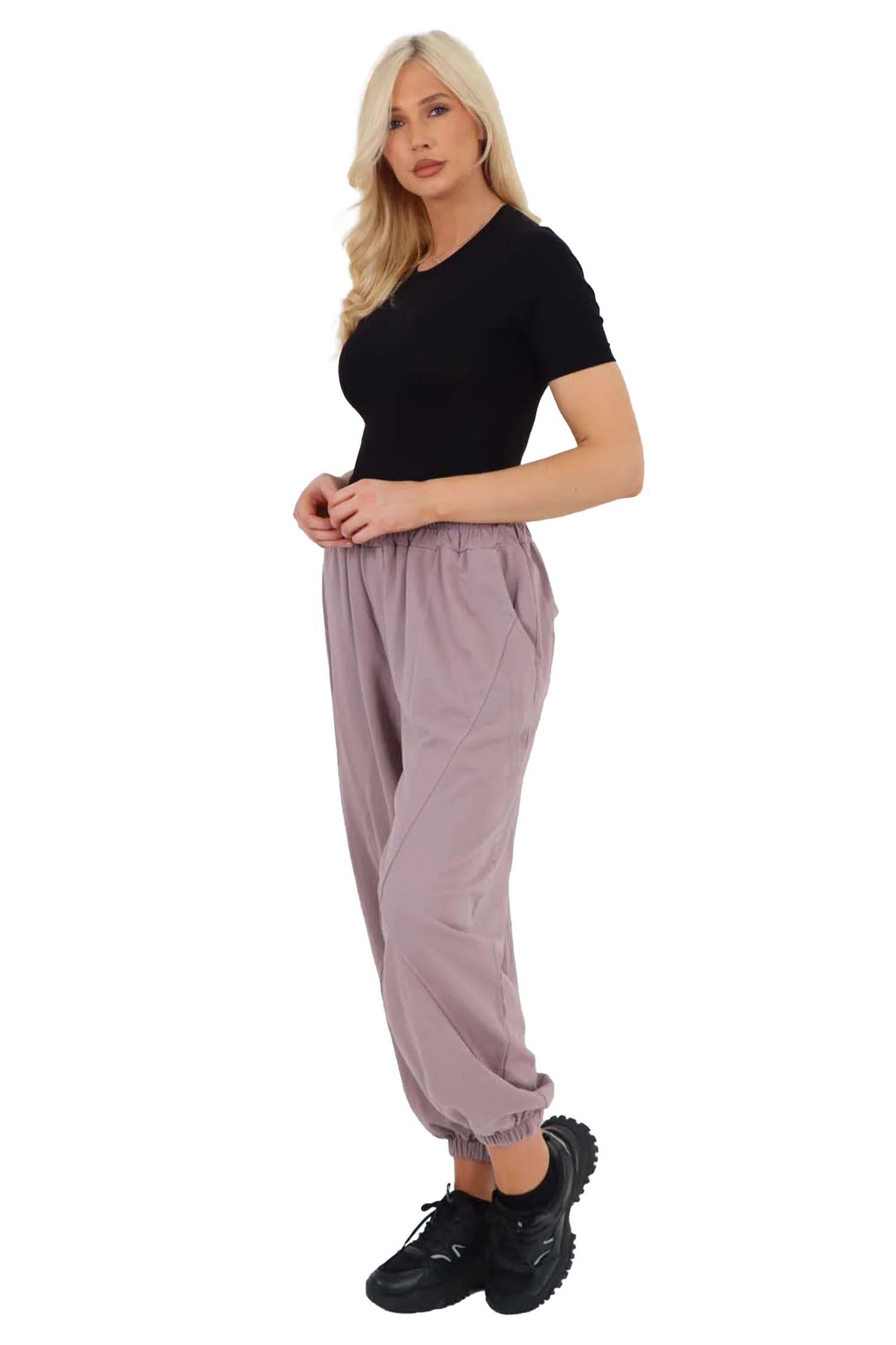 Italian Ruched Hem Cotton Trousers With Side Pockets - Lilac