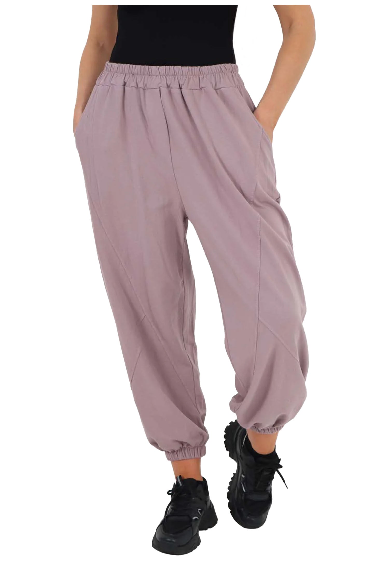 Italian Ruched Hem Cotton Trousers With Side Pockets - Lilac