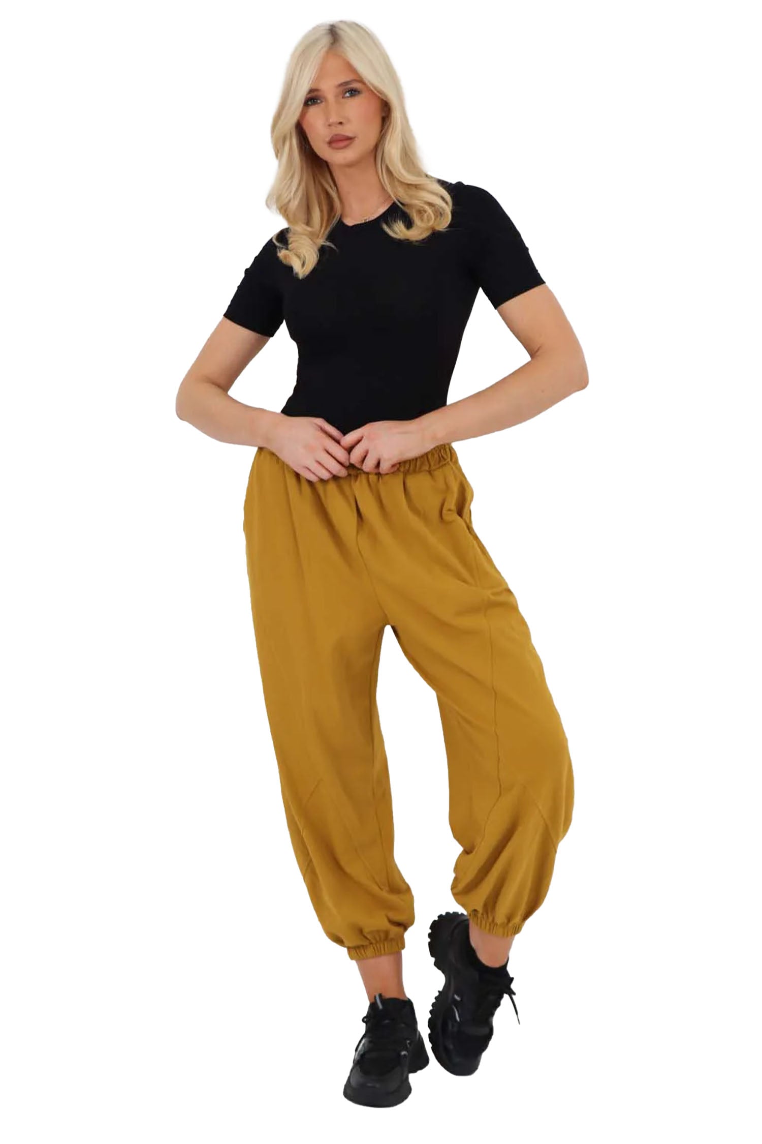 Italian Ruched Hem Cotton Trousers With Side Pockets - Mustard