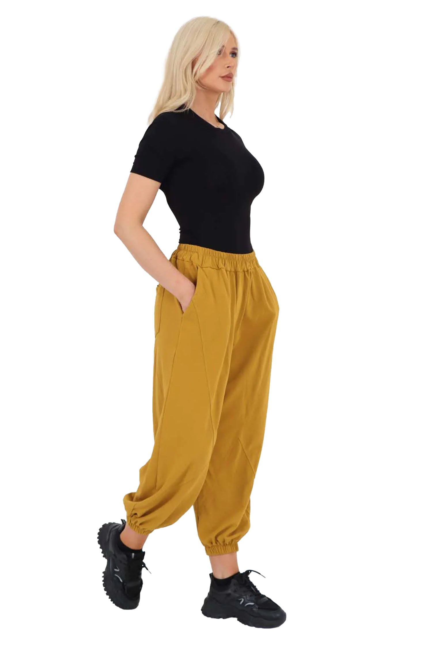 Italian Ruched Hem Cotton Trousers With Side Pockets - Mustard