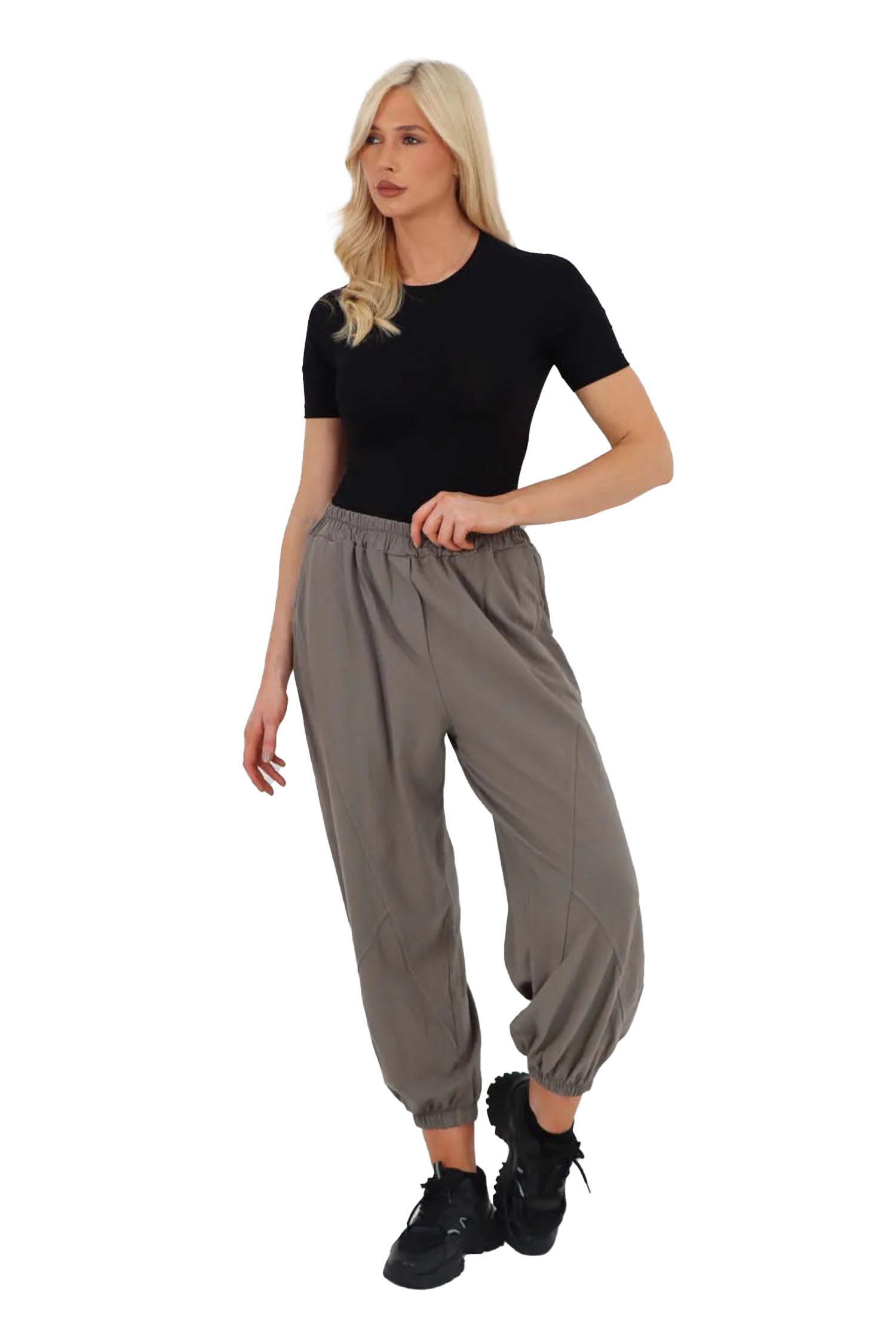 Italian Ruched Hem Cotton Trousers With Side Pockets - Stone