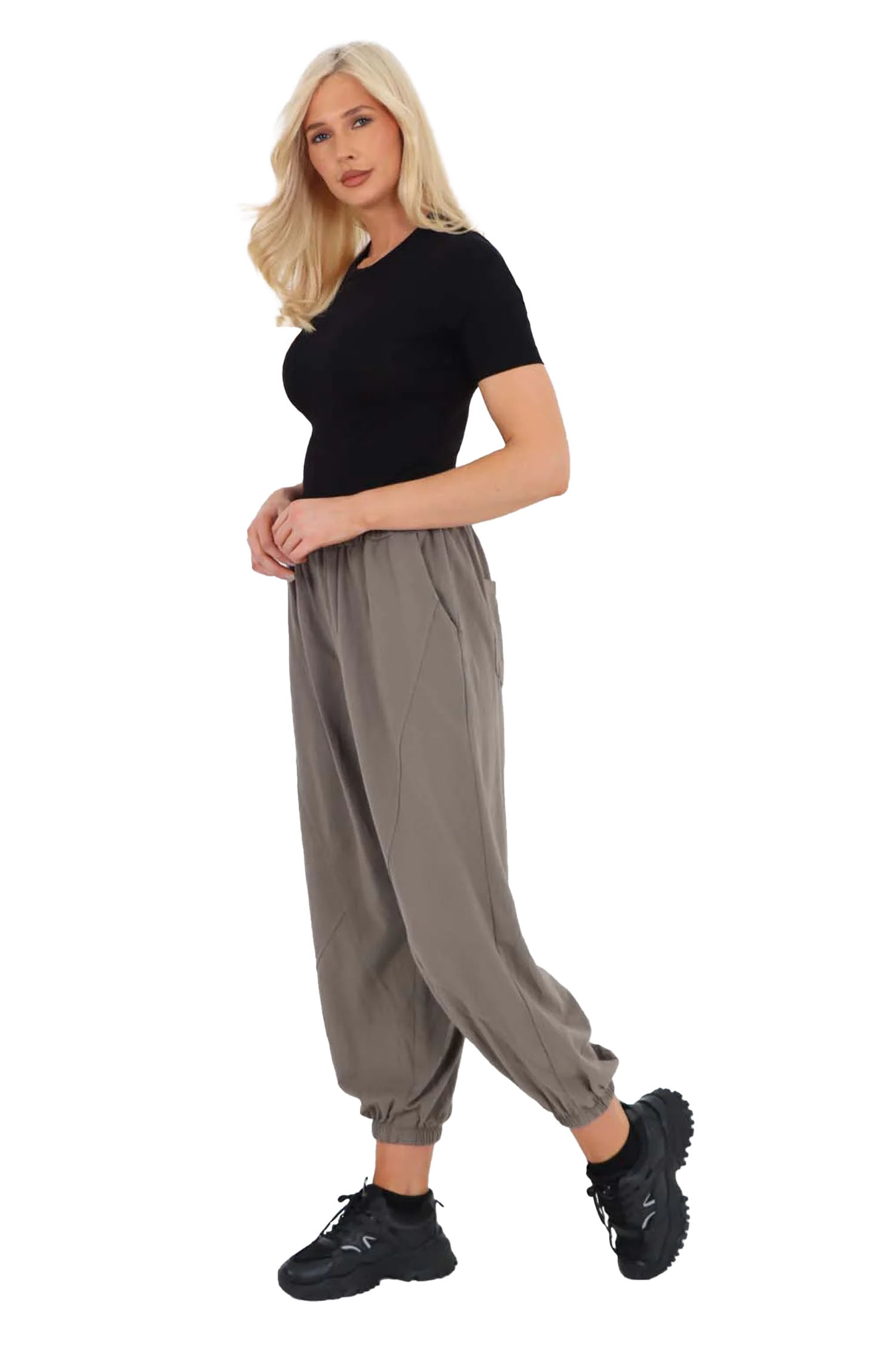 Italian Ruched Hem Cotton Trousers With Side Pockets - Stone