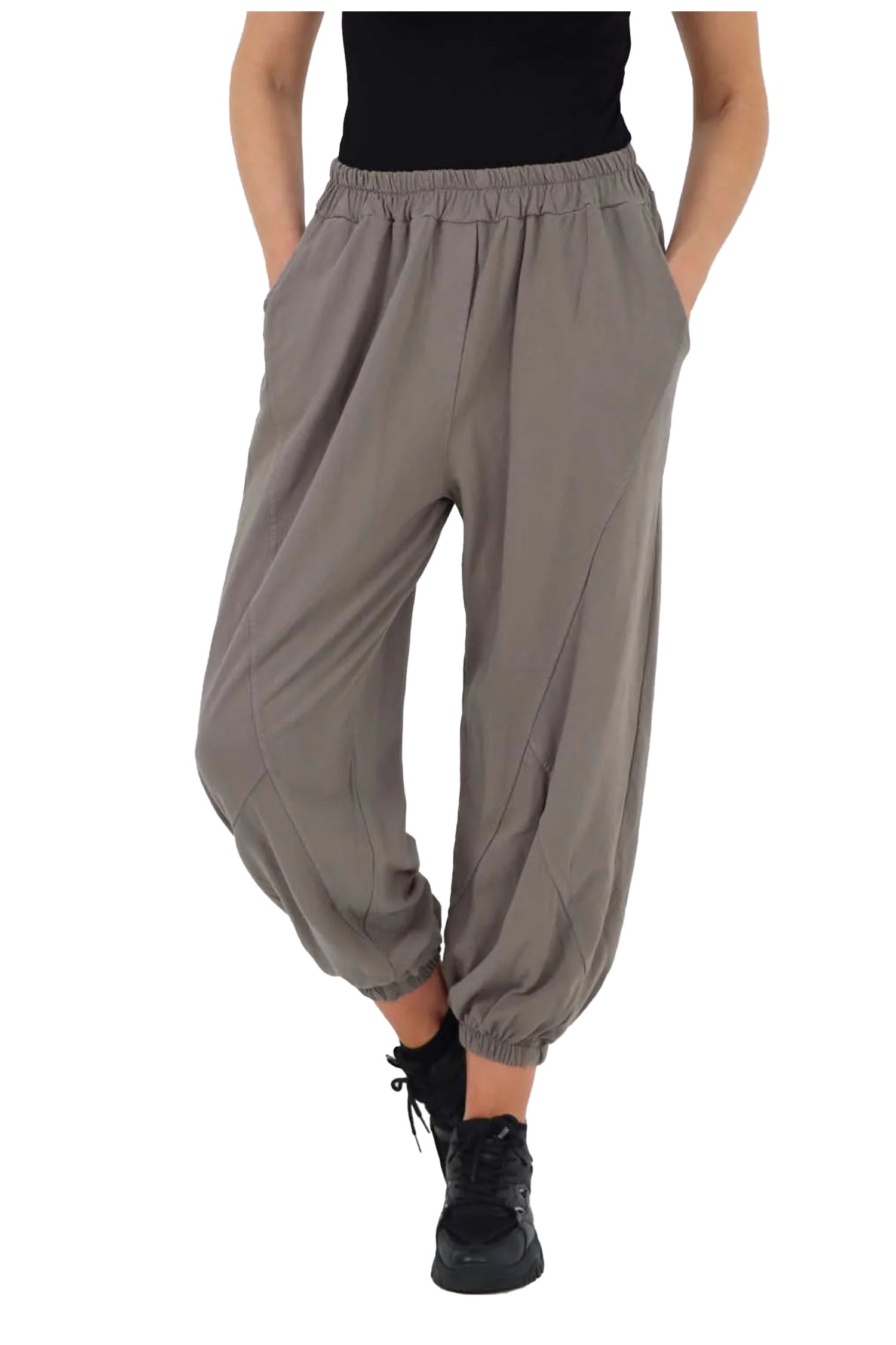 Italian Ruched Hem Cotton Trousers With Side Pockets - Stone