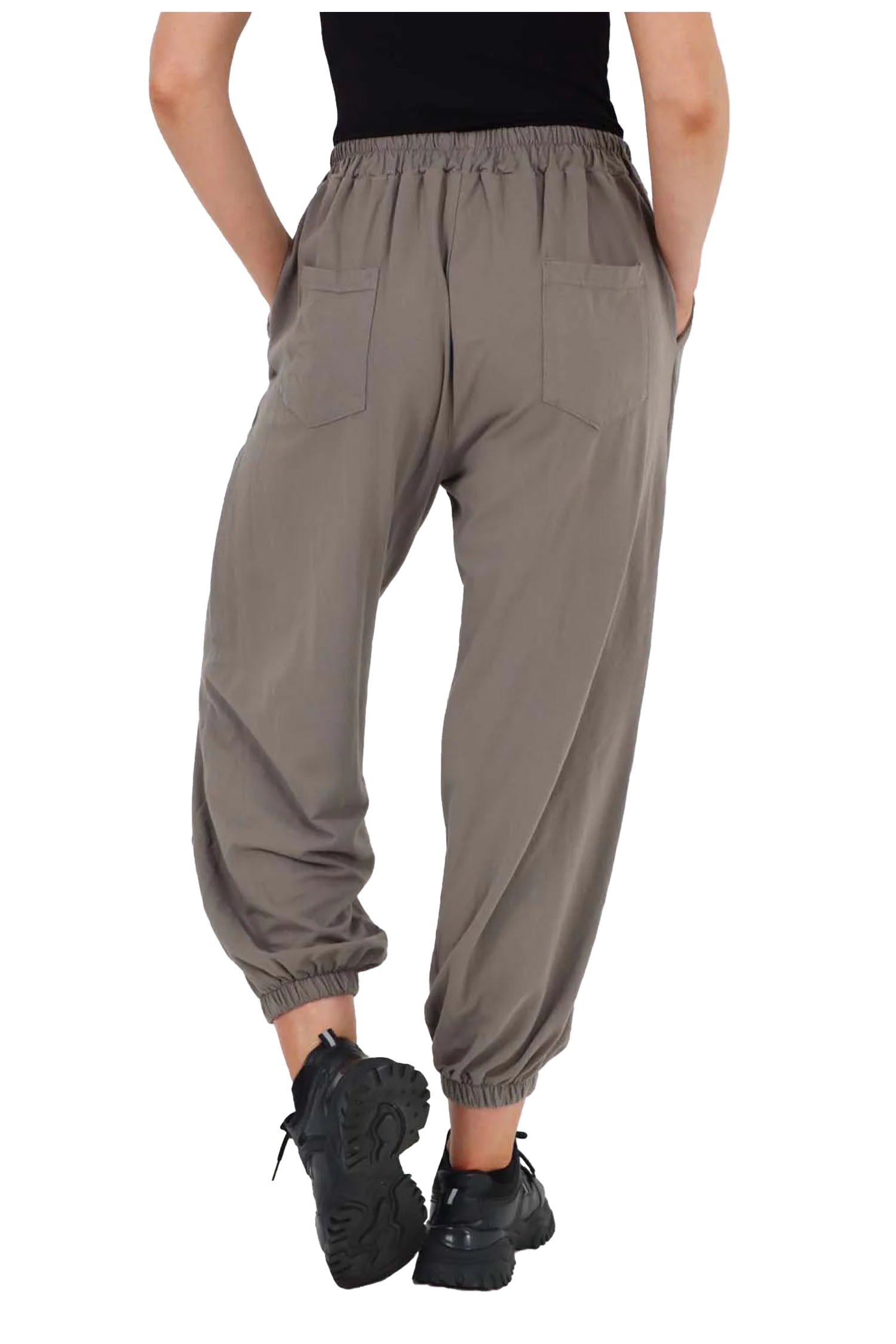 Italian Ruched Hem Cotton Trousers With Side Pockets - Stone