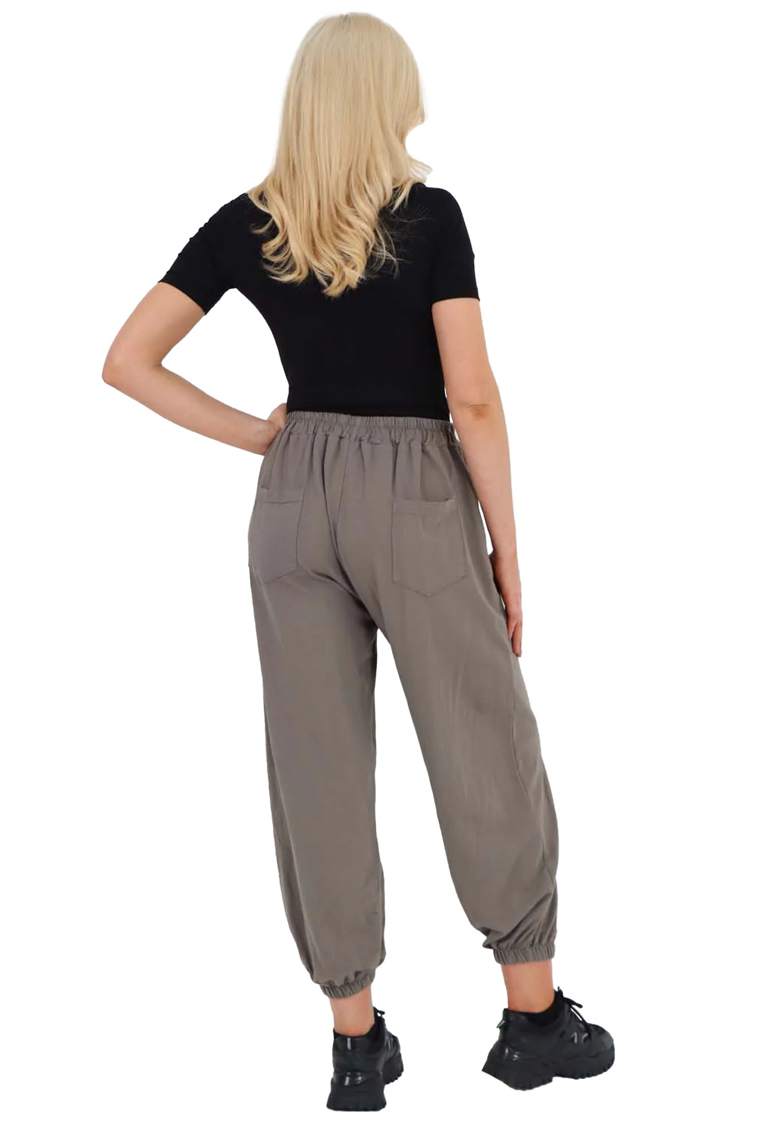 Italian Ruched Hem Cotton Trousers With Side Pockets - Stone