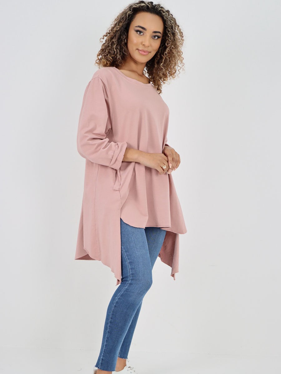 Italian Side Pockets Detail High Low Tunic Top - Baby Pink