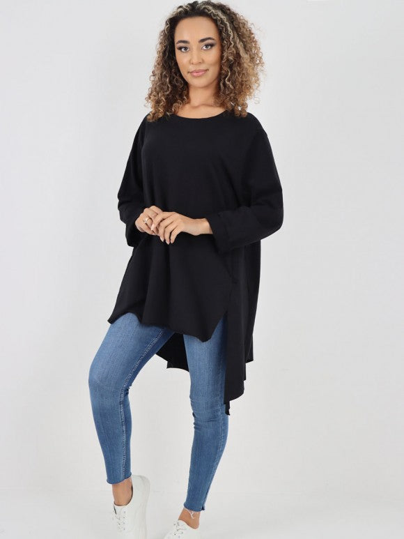 Italian Side Pockets Detail High Low Tunic Top - Black