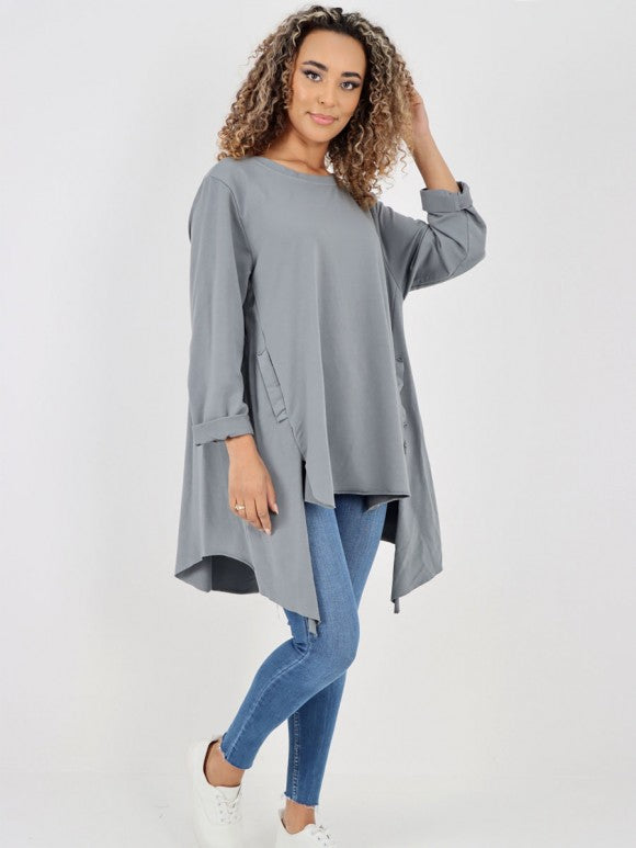 Italian Side Pockets Detail High Low Tunic Top - Grey