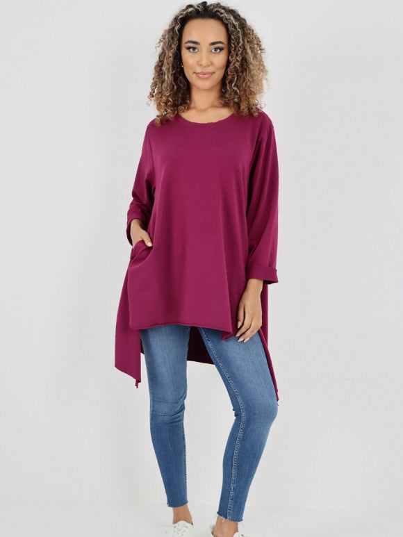 Italian Side Pockets Detail High Low Tunic Top - Magenta