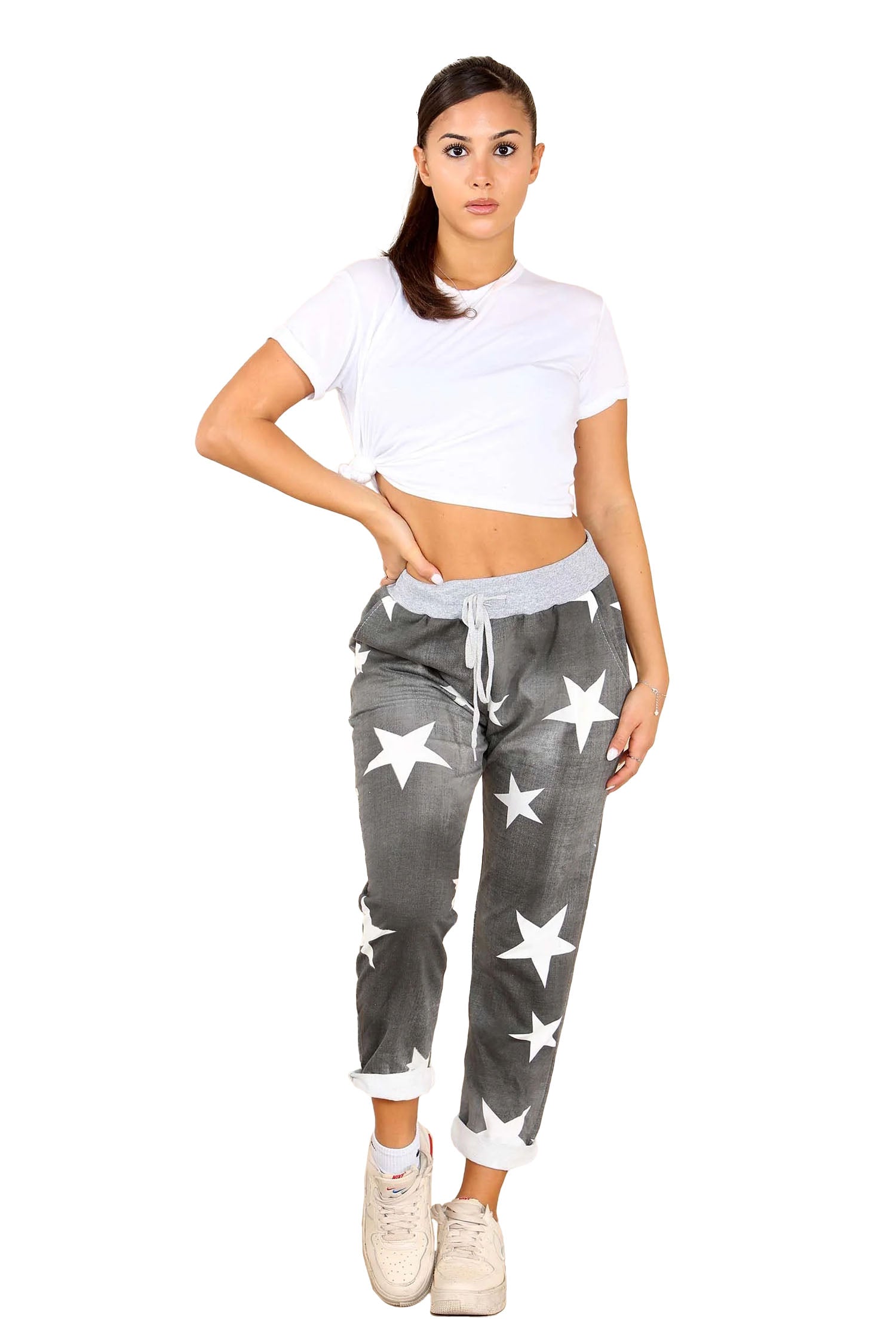 Italian Star Print Drawstring Cotton Joggers - Black