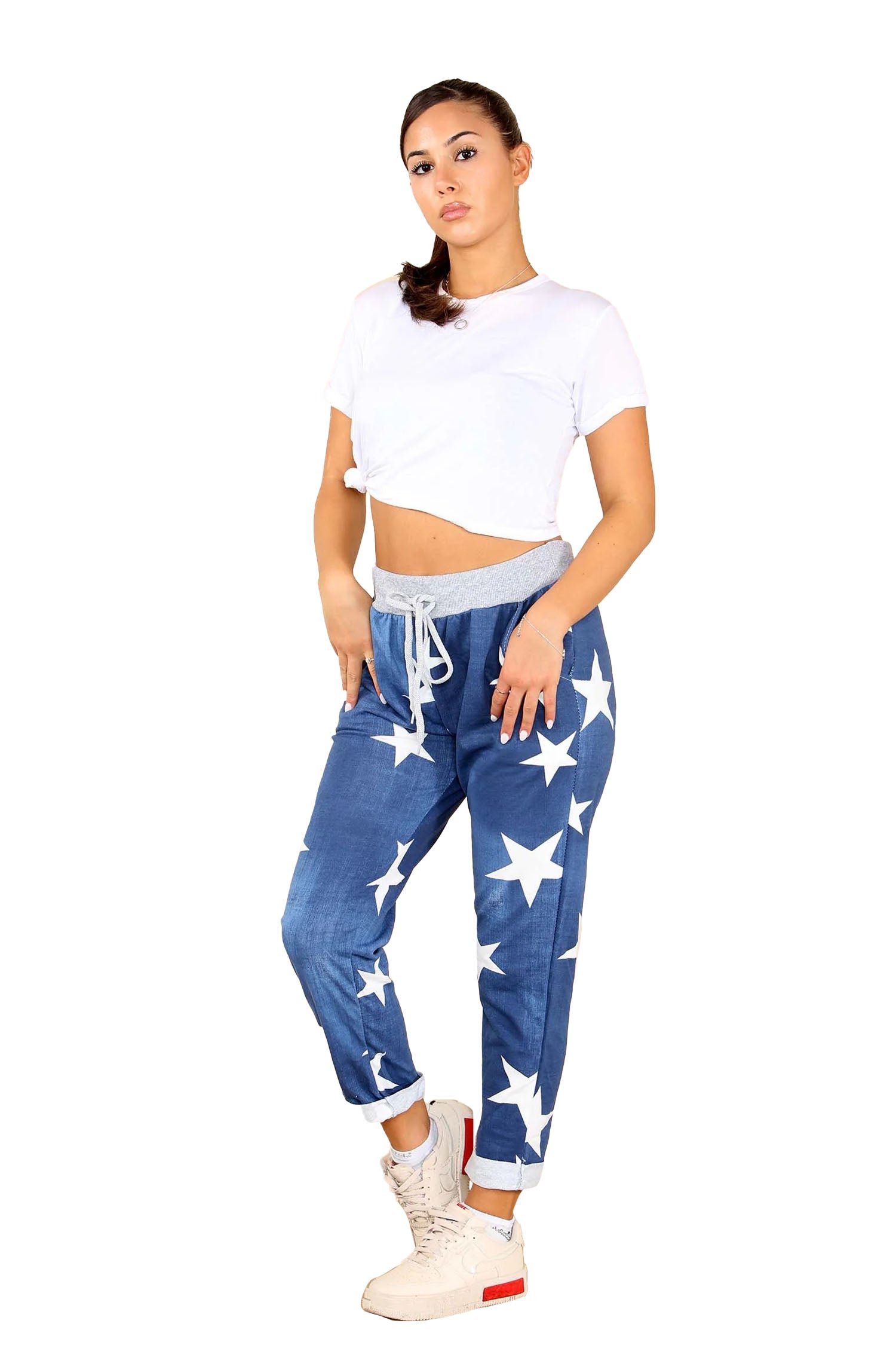 Italian Star Print Drawstring Cotton Joggers - Dark Denim