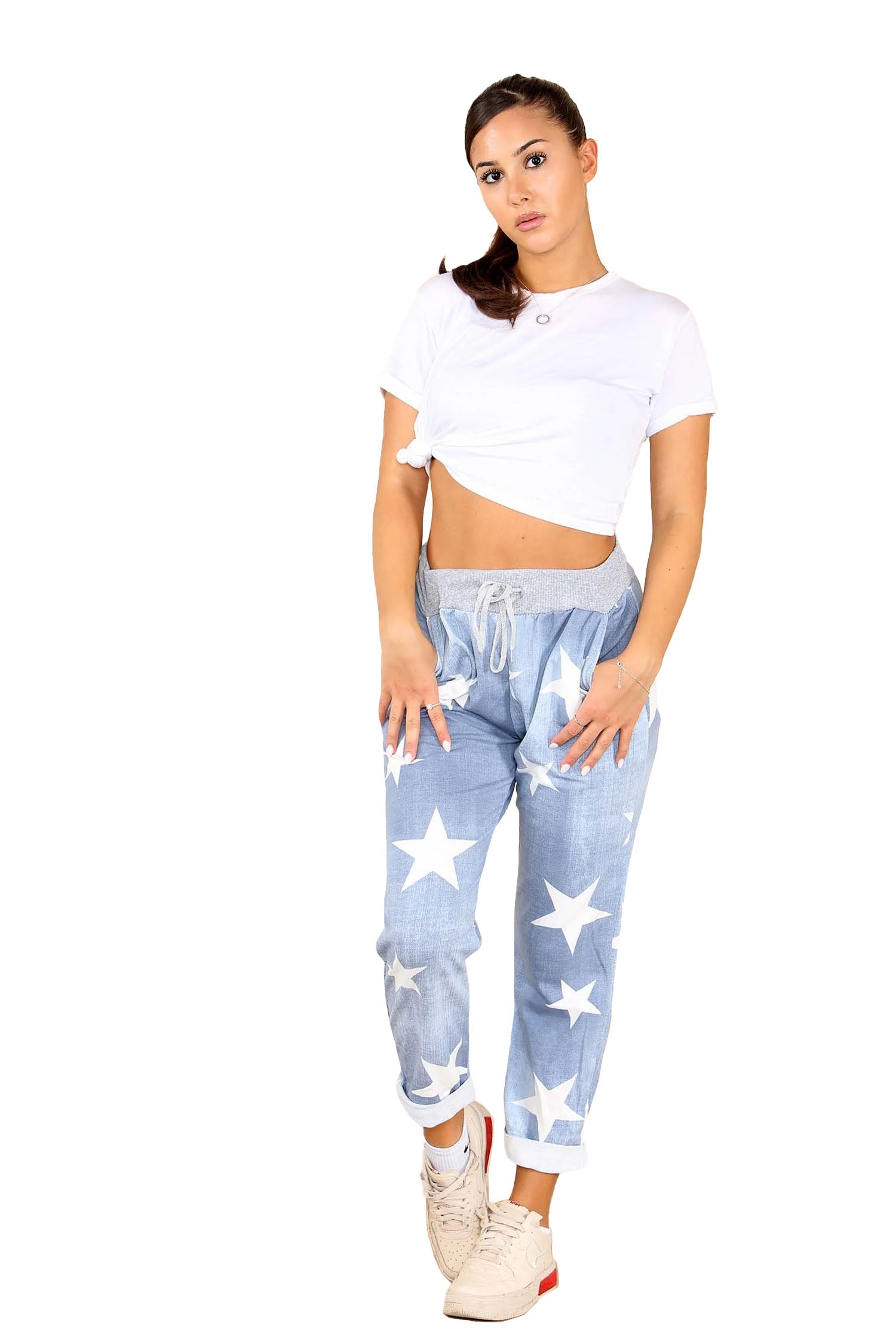 Italian Star Print Drawstring Cotton Joggers - Light Denim