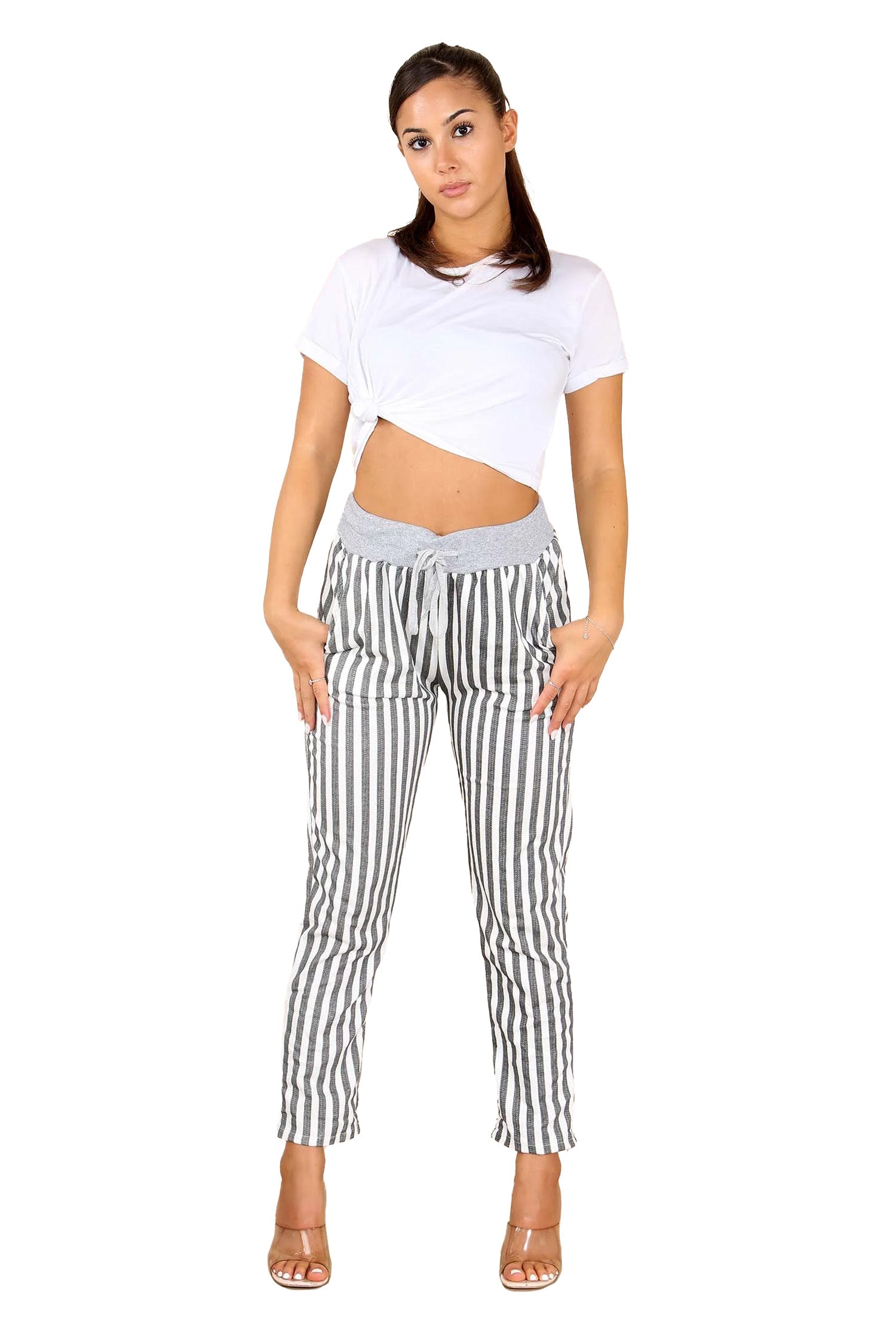 Italian Stripe Print Drawstring Cotton Joggers - Grey