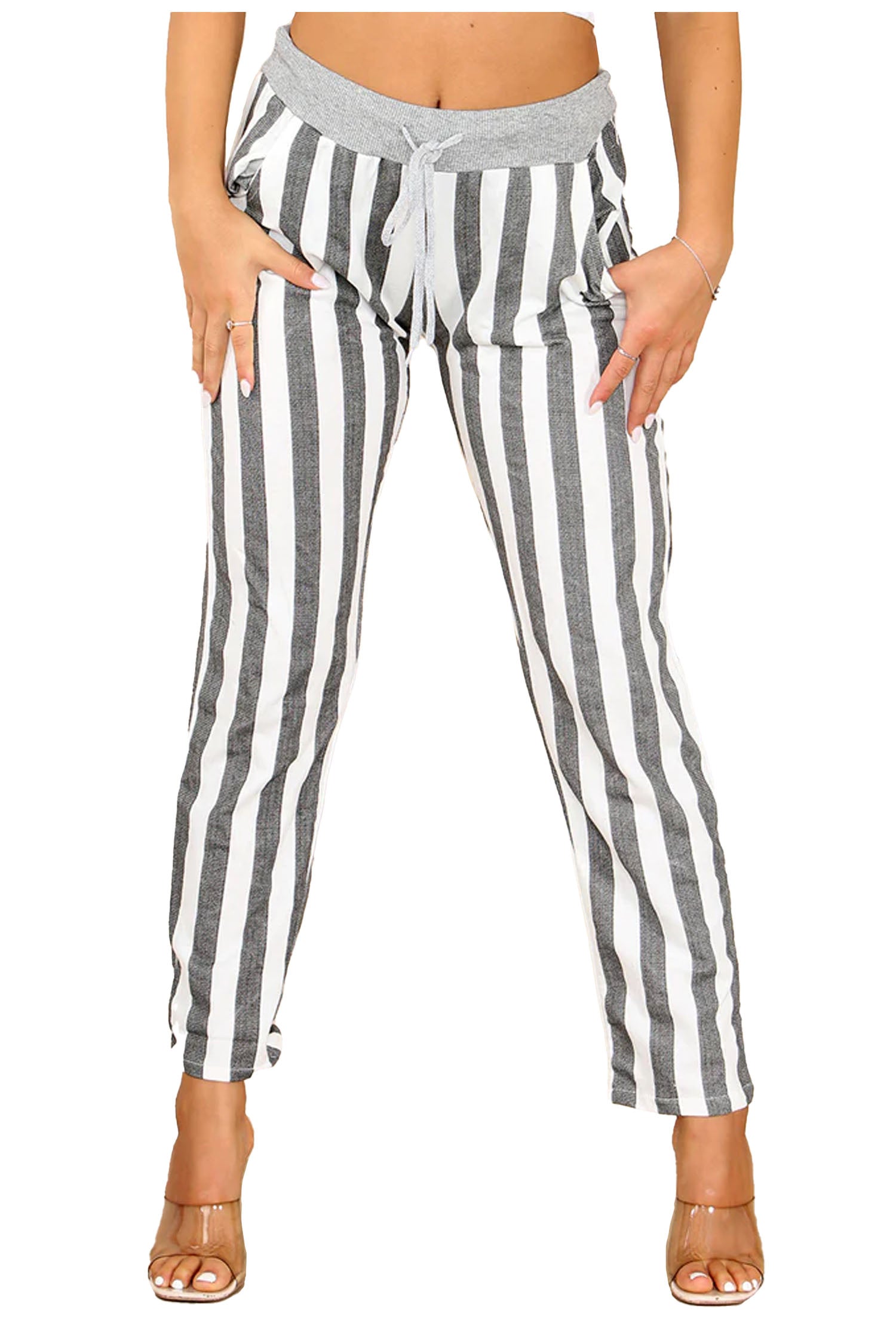 Italian Striped Print Drawstring Cotton Joggers - Black