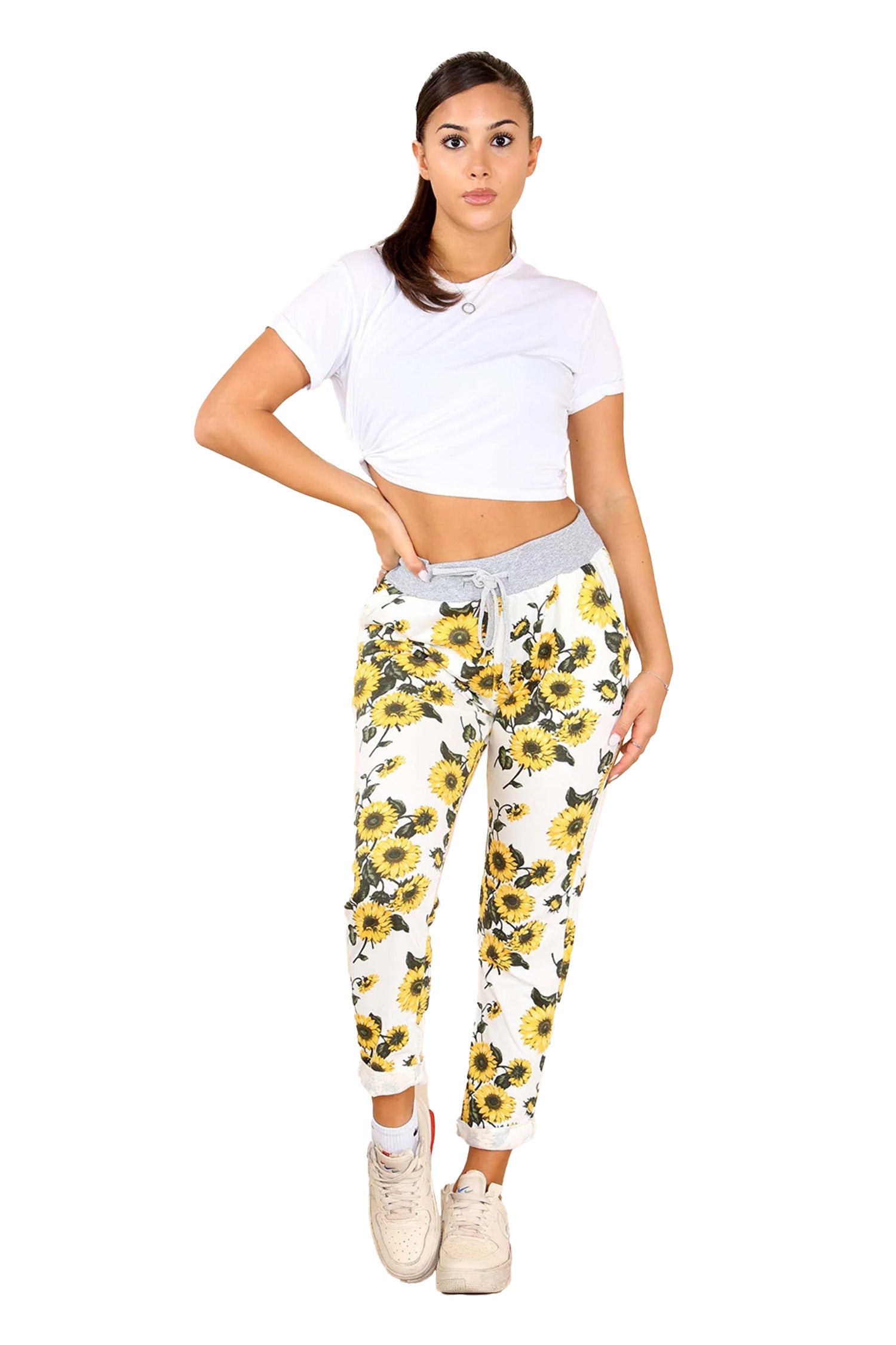 Italian Sunflower Print Drawstring Cotton Joggers - White