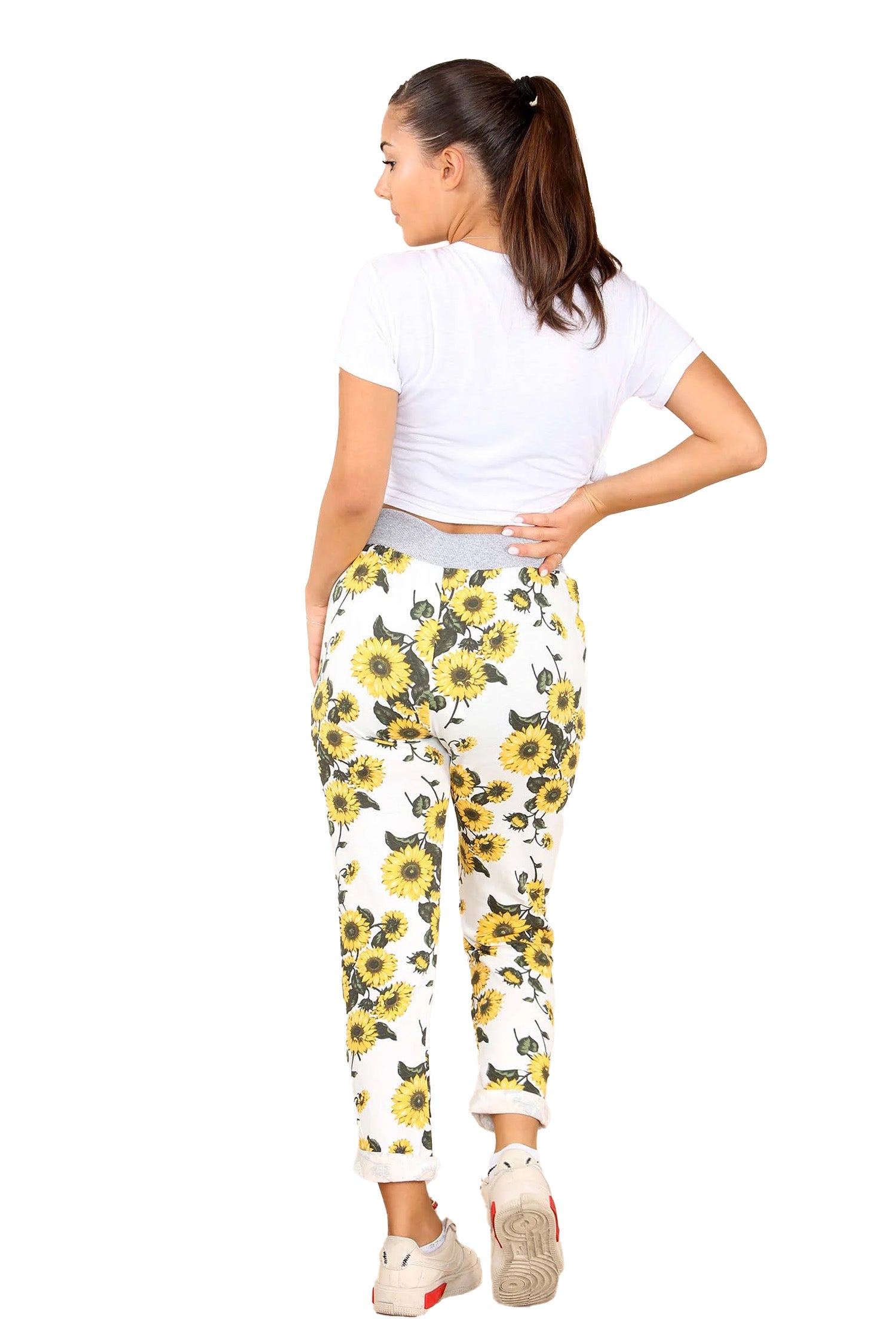 Italian Sunflower Print Drawstring Cotton Joggers - White