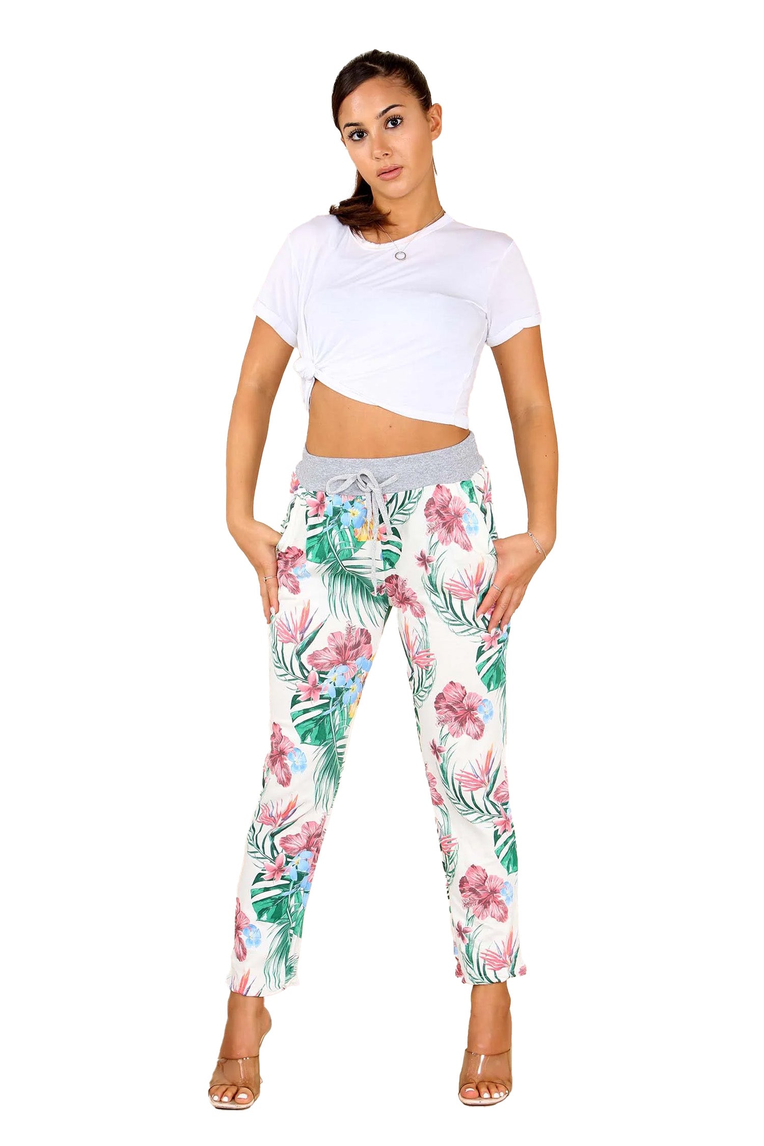 Italian Tropical Print Drawstring Cotton Joggers - White